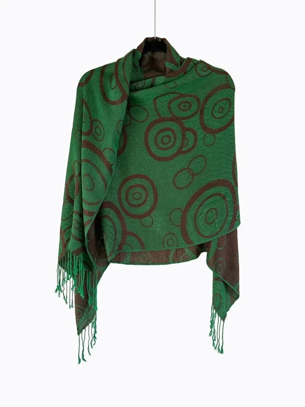 Vtg Pashmina Silk Blend Scarf Green Brown Circle Print Whimsigoth Fringe Shawl